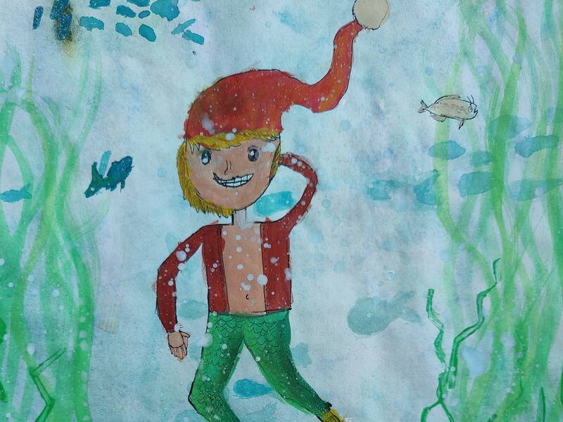 Aquarellierte Tuschezeichnung des kleinen Wassermanns, der in seiner Unterwasserwelt umherschwimmt.