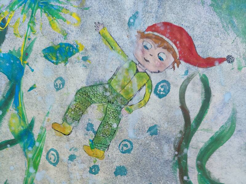 Aquarellierte Tuschezeichnung des kleinen Wassermanns, der zusammen mit einem großen Fisch im See herumschwimmt.