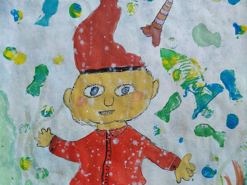 Aquarellierte Tuschezeichnung des kleinen Wassermanns, der am Grunde eines See steht.