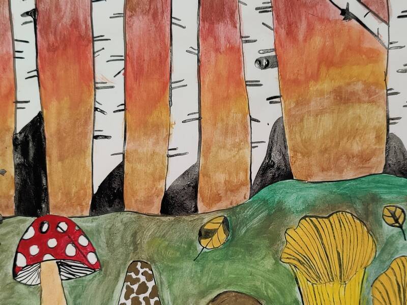 Aquarellierte Tuschezeichnung mit Pilzen