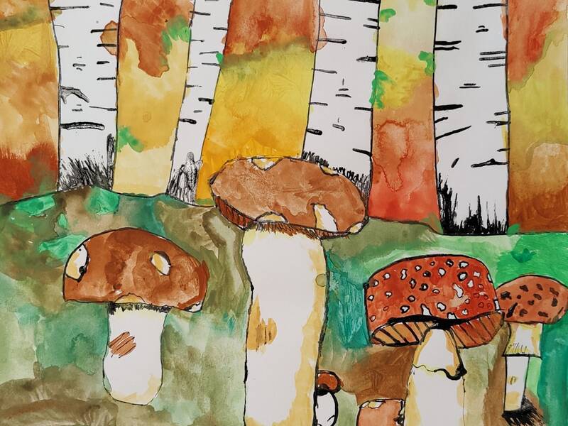 Aquarellierte Tuschezeichnung mit Pilzen