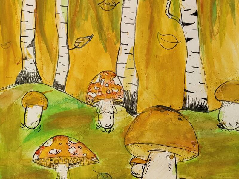 Aquarellierte Tuschezeichnung mit Pilzen