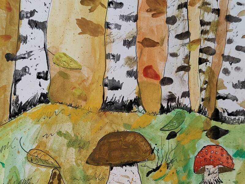 Aquarelleirte Tuschezeichnung mit Pilzen